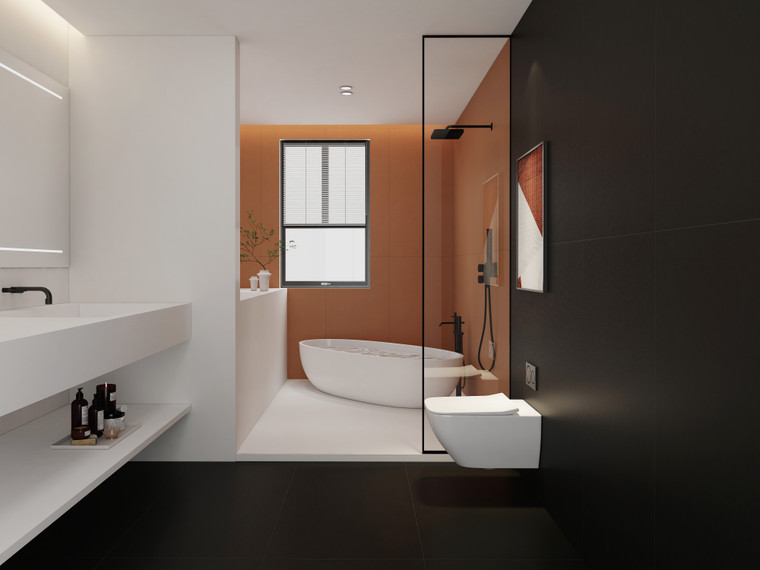 MicroCement Charcoal is a deep, moody neutral that adds instant presence to indoor spaces. Its dark, softened tone feels grounded and contemporary, creating drama with quiet sophistication. The finish is smooth and even, with a subtle texture that feels soft to the hand. It echoes the depth of honed stone and fine plaster, giving floors and walls a continuous, confident look. In a large 600x1200mm format, these indoor floor and wall tiles keep grout lines minimal. Use them for dramatic bathrooms, hallways, living areas or feature walls, balanced with warm timber and brass.
