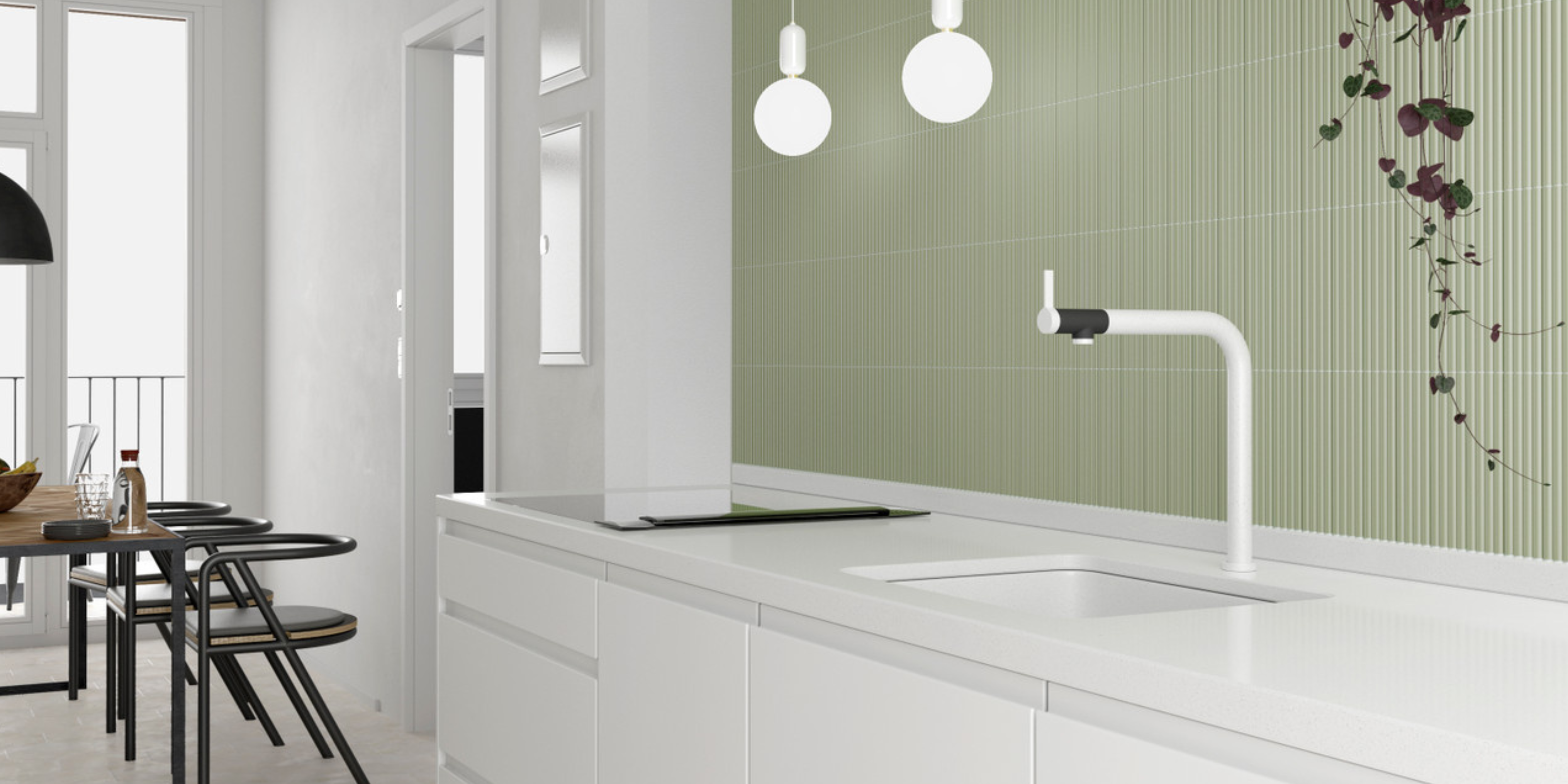 white kitchen green splashback