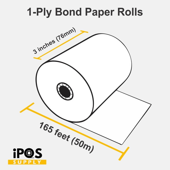 1 Ply Bond Receipt Paper Rolls 3″ x 165′ - (Box of 10 Rolls)