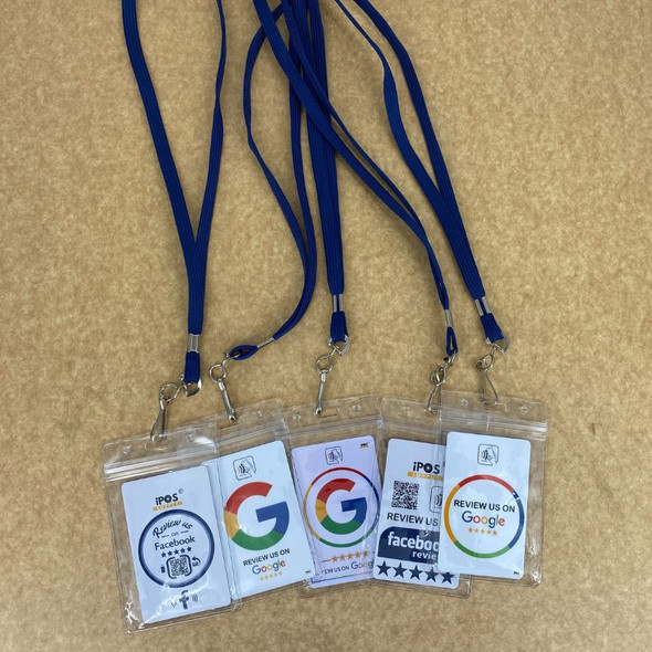 Clear Plastic Vertical ID Badge Holders with Blue Lanyards for review cards