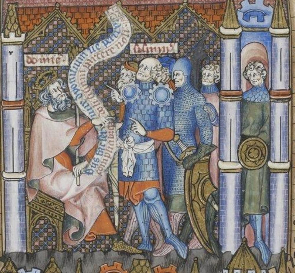 Historical Source:

Manuscript - BNF Français 2091 Vita et Passio Beati Dionysii;
Folio - 121r;
Dating - 1317;
From - Paris, France;
Holding Institution - Bibliothèque Nationale.