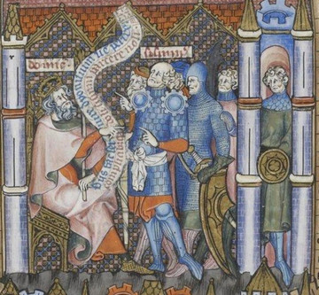 Historical Source:

Manuscript - BNF Français 2091 Vita et Passio Beati Dionysii;
Folio - 121r;
Dating - 1317;
From - Paris, France;
Holding Institution - Bibliothèque Nationale.