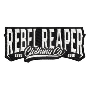 Embroidered Rebel Reaper Clothing Co emblem patch with iron-on backing on Classic Banner Patch
