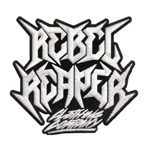 Embroidered Rebel Reaper Logo patch with white embroidery and durable twill backing