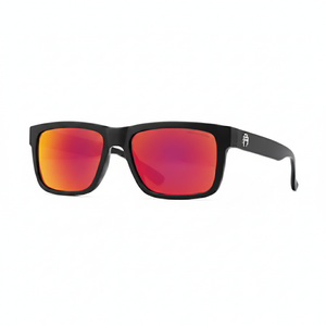 Sunglasses with black frame and red lenses on a white background