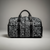 Black and white patterned duffel bag with visible branding on a gray background