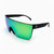 Sunglasses with green reflective lenses and black frames on a white background