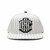 White pinstripe baseball cap with black logo on a white background