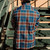 Blue and brown plaid men’s flannel shirt with rebel reaper design limited edition