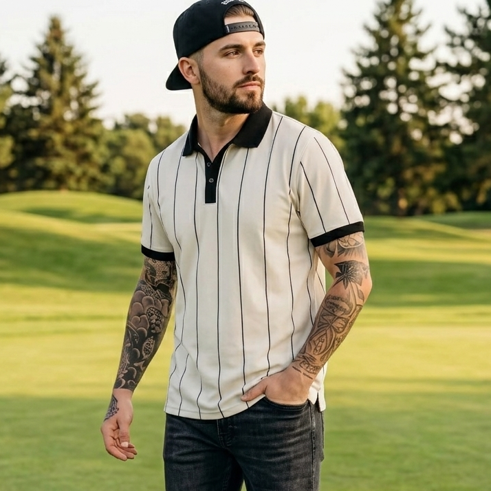 Man with tattoos wearing a striped shirt and cap on a golf course