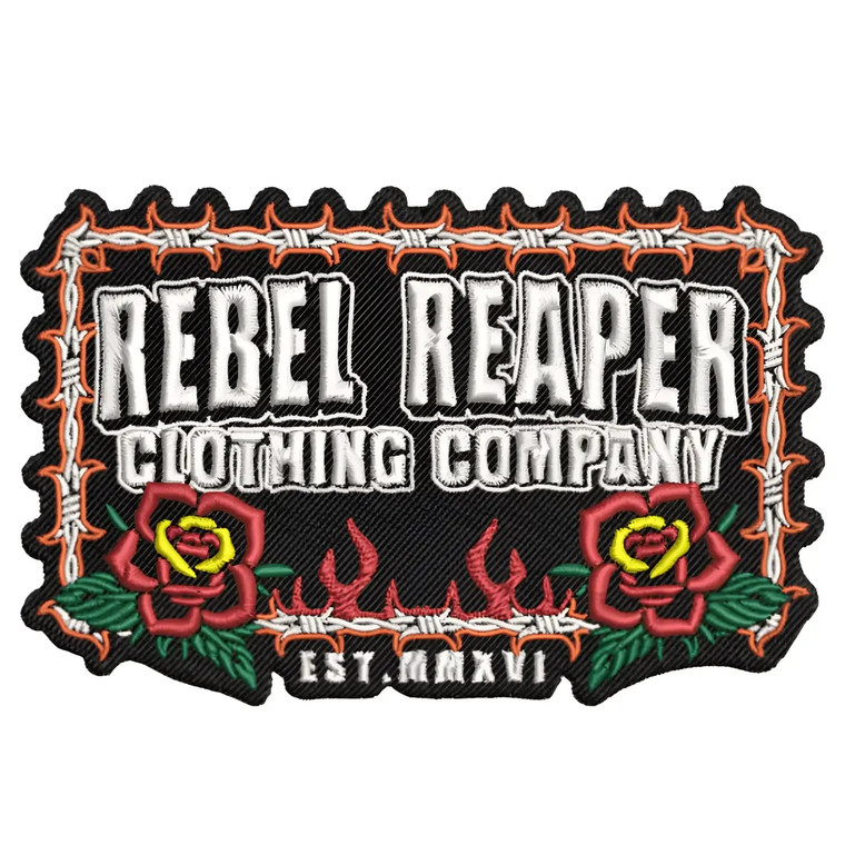 Embroidered Barb Wire Roses Patch with Rebel Reaper Clothing iron-on backing