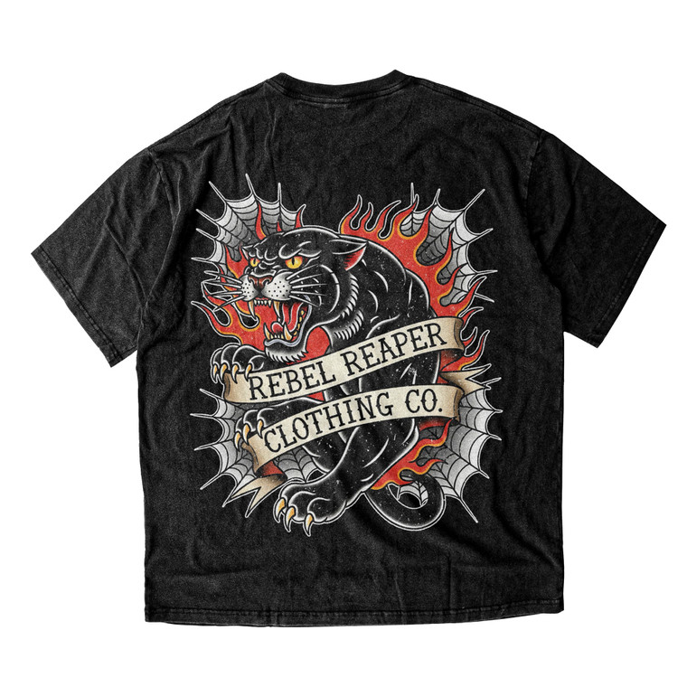 Black t-shirt with a graphic design of a dragon and 'Rebel Reaper Clothing Co' text on a white background