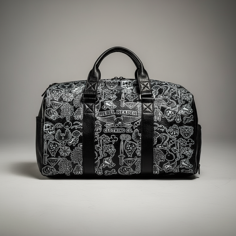 Black and white patterned duffel bag with visible branding on a gray background