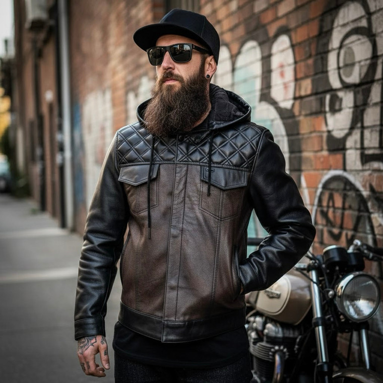 Man wearing a black leather jacket and cap standing in front of a graffiti-covered wall.