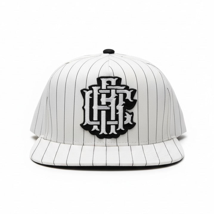 White pinstripe baseball cap with black logo on a white background