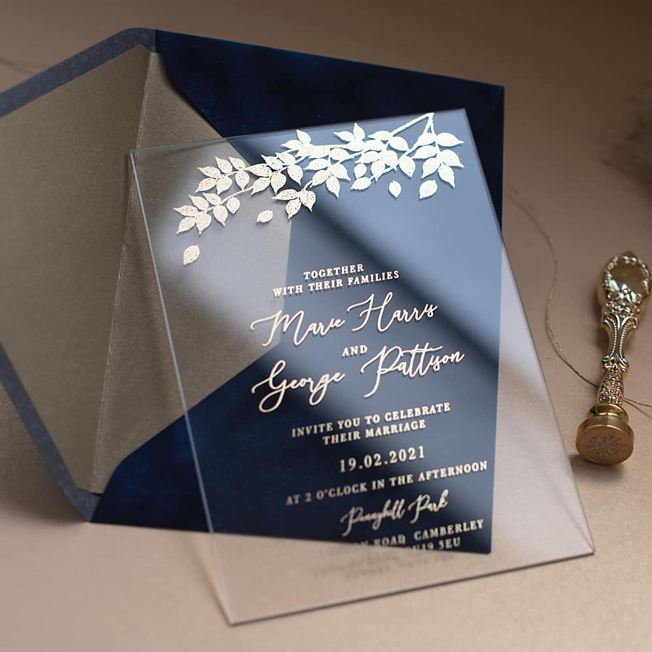 Luxury Gold Foil Wedding Invitations, Elegant Navy Blue Wedding Invitation  Suite, Glamour Golden Shine Wedding Cards, Bespoke Plexi Acrylic Wedding  Invites