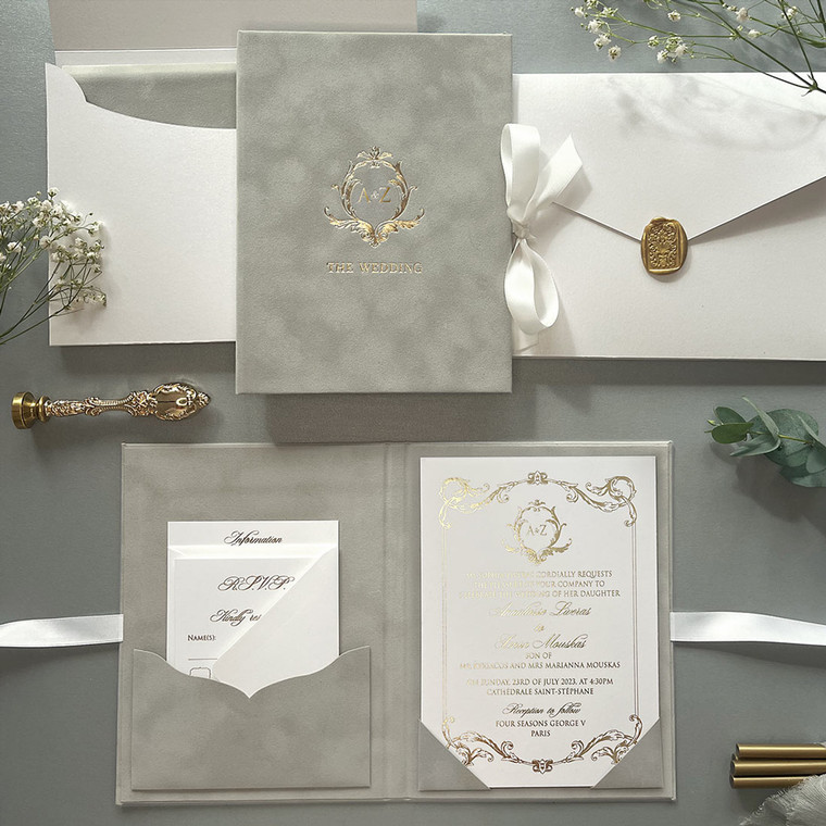 folio wedding invitations grey gold