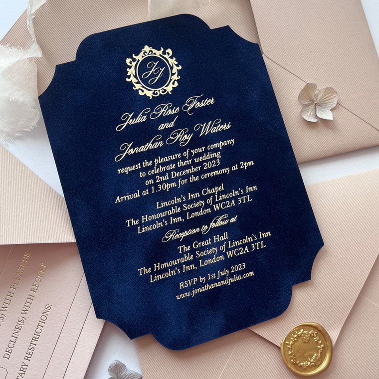 VINTAGE VELVET NAVY BLUE WEDDING INVITATIONS