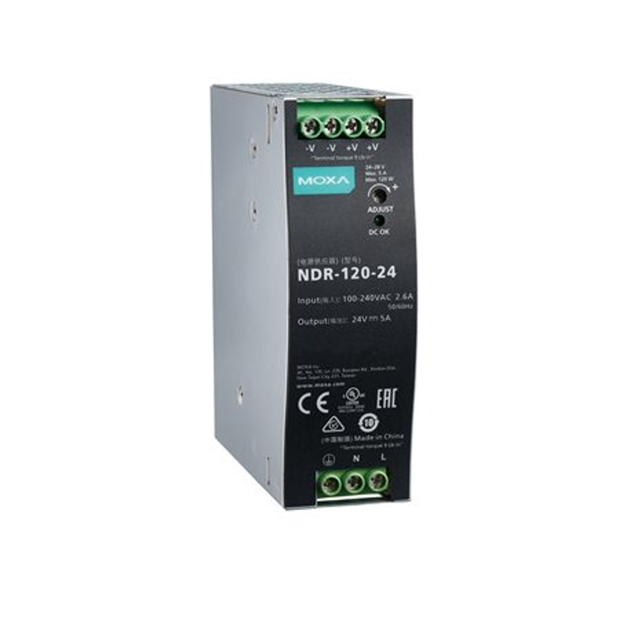 Moxa NDR-120-24 120 W/5.0 A DIN-rail 24 VDC power supply, univ...