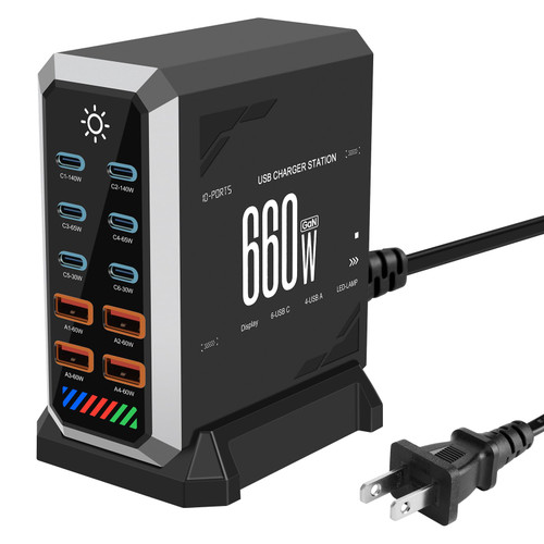 10-Port GAN Charging Station 660W, Dual 140W USBC Power Block Multiport