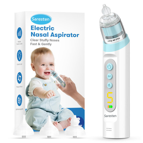 Saresten Baby Nasal Aspirator, Rechargeable Nose Sucker with 3 Silicone Tips, Adjustable Suction, Waterproof, Blue