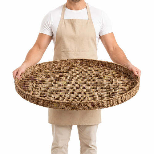 Tiangrid Extra Large Round Rattan Tray with Handles 26.77 in Classic