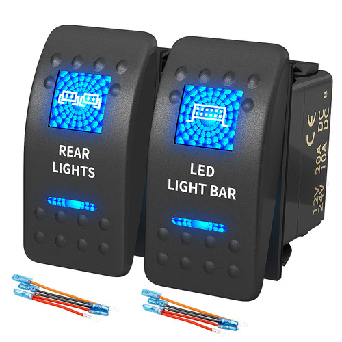 DaierTek LED Light Bar Rocker Switch and Rear Lights Rocker Switch Blue 12V/24V 20A/10A 5 Pin Marine with Wires for Auto Car Polaris Ranger Can-am RZR Boat