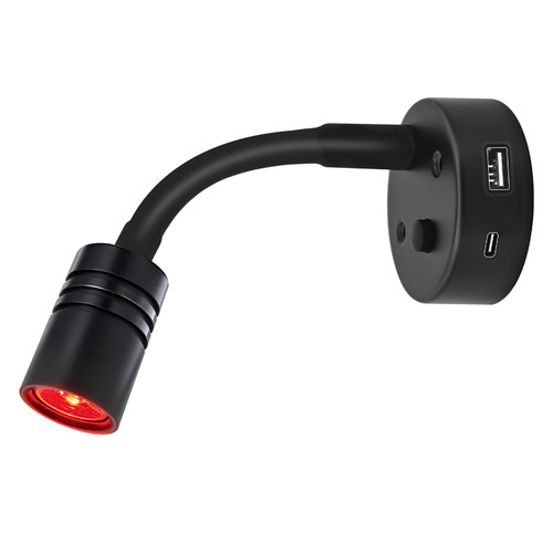 THALASSA Black Short Gooseneck Reading Light 3000K, Red Night USB-C