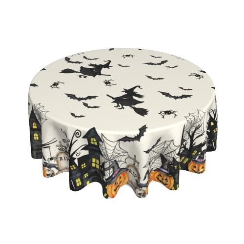 Lvhompro Halloween Tablecloth 70 Inch Round Witch Spiderweb Pumpkin Festival Table Cloth Water-Resistant Spill-Proof Washable Fabric Table Cover for Kitchen Dining Party Picnic Indoor Outdoor
