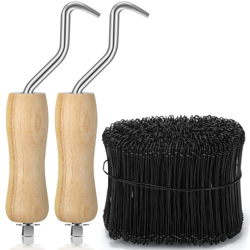 Therwen 1002 Pcs Tie Wire and Wire Twister Set 1000 Pcs 6 Inch 16 Gauge Double Loop Bar Ties Tool 2 Pake with Wooden Grip Handle for Securing Concrete Steel Construction (Black)
