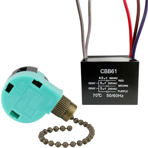 Ceiling Fan Switch 3 Speed 4 Wire, with Fan Capacitor CBB61 4.5uf + 6uf + 5uf 5 Wire 250V, Replacement of Fan Light Accessories,Bronze Chain