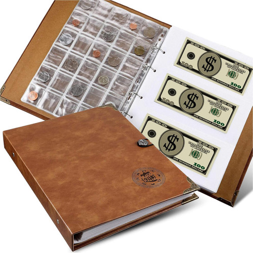 Zonon Coin & Paper Money Collection Album, 150 Coin 240 Bill Pockets,Brown