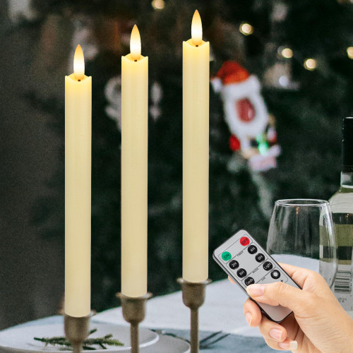 SEHNSY Flameless Taper Candles with Remote, Real Wax Battery Operated LED Candles with 3D Flickering Flame, 9.6" 3PCS Ivory Realistic Dripless Candlesticks for Home Wedding Decor Christmas Decor