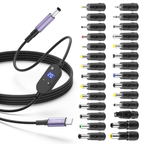 Arkare USB C to DC Adapter 140W USB Type C to DC 5.5x2.5mm 4.9FT Barrel PD Trigger Cable with 28 Tips, 5V/9V/12V/15V/20V/28V Multi Voltage Adjustable with LED Display for Tablets/Routers/Speaker