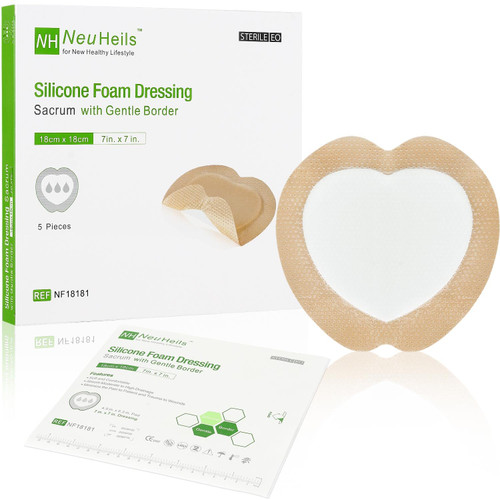 NeuHeils Bordered Sacrum Silicone Foam Dressing 7x7 Inch, 5 Pack, Pain-Free