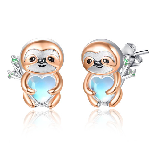 Dreamboat Sloth Stud Earrings for Women 925 Sterling Silver Rose Gold Plated Hypoallergenic Moonstone Animal Heart Cartilage Earring Christmas Birthday Jewelry Gifts for Sensitive Ears