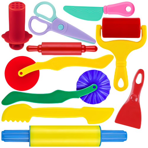 Oun Nana Dough Play Tools Set for Kids, 10 PCS Basic Dough Starter Set with Pizza Cutters, Safety Scissors, Rolling Pin, Roller, Extruder