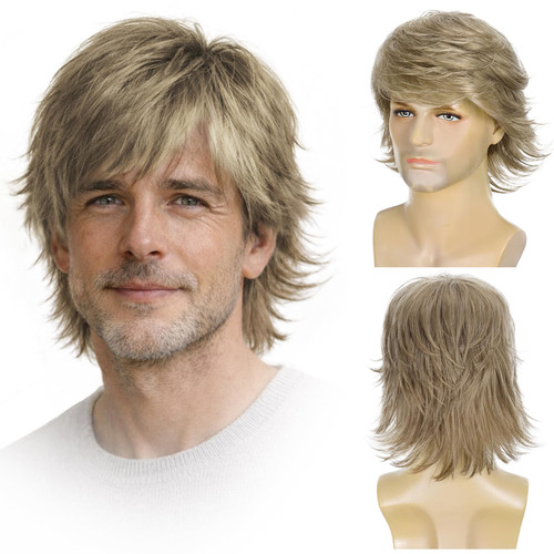 Aokiya Dirty Blonde Wigs for Men Short Layered Synthetic Hair 70s Mens Wig for Daily, Funny Halloween Cosplay Wig(Dirty Blonde, Adult)
