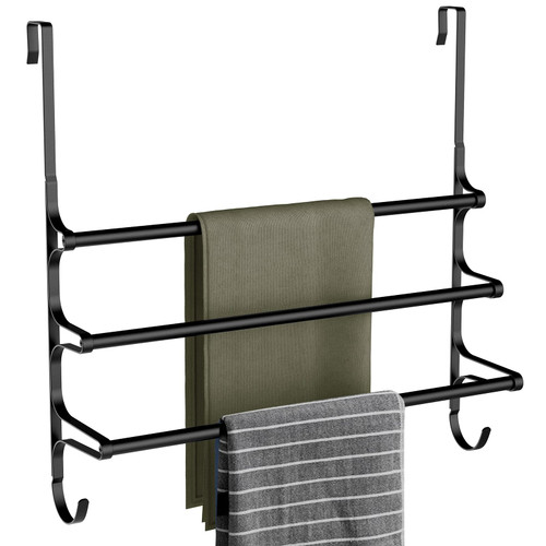 CANYAVE Over The Door Towel Rack, Extendable Triple Towel Storage Holder with Hooks, 24.02 Inches Towel Bar Hanger Towel Racks for Bathroom (Black)