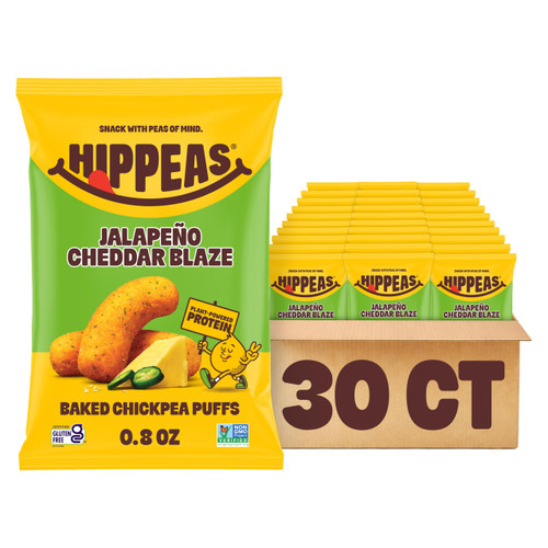 Hippeas Chickpea Puffs, Jalapeño Cheddar Blaze, 30 x 0.8 oz Bags, Baked Crunchy Chickpea Snacks with 3g Plant Protein, 2g Fiber & 50% Less Fat, Gluten Free, Non-GMO, Top 9 Allergen Free