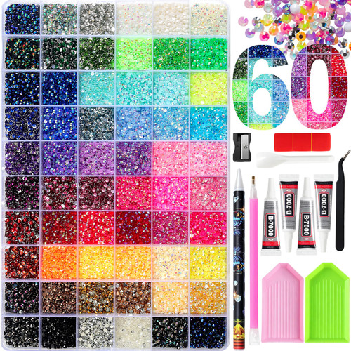 60000Pcs 60 Color Rhinestone for Bedazzling Kit with Tool & 4PCS B7000 Glue