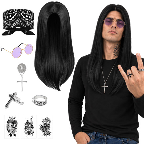 9 Pcs Heavy Metal Rocker Costumes, Retro Rock Star Wig Outfit Accessories