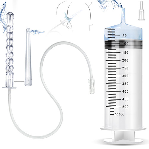 AZREKV 500ML Enema Syringe Cleaning Douche System，Travel Enema Kit for Colon Cleansing，Douche Enema Kit for Women & Men with 2 Nozzles ，with 23.6in Hose
