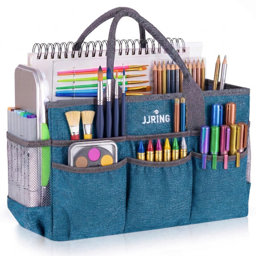 JJRING Large Art Supply Storage Tote Bag With Mesh Pockets, Green