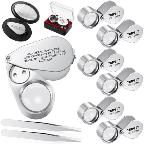 SEEWEY 10 Pcs 40x Metal Jewelers Loupe Magnifier with Light Illuminated LED Magnifying Glass 10x 20x 30x Jewelry Eye Loop Folding Pocket Magnifying Glass with Tweezers for Close Work Stamps Coins