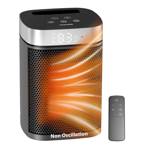 Small Portable Space Heater for Indoor Use - VOCRS 1500W PTC Electric Heater with Thermostat, Remote Control, 12H Timer, Eco and Fan Mode, Rapid and Safe Heating for Bedroom, Office