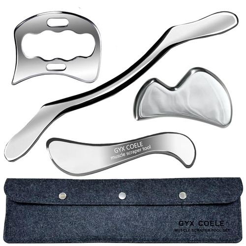 GYX COELE 4 in 1 Professional Stainless Steel Muscle Scraper Tool Set, IASTM Therapy Tools with Storage Pouch, Physical Therapy and Soft Tissue Massage Tools