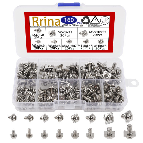 Rrina 160Pcs M3 M3.5 M4 M5 Terminal Block Screws Assortment Kit with Square Washers, Nickel Plated Carbon Steel, Silver