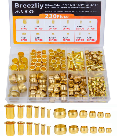 Breezliy Compression Fittings Assortment kit-6 Sizes(1/8"3/16" 1/4" 5/16" 3/8" 1/2") Brass Compression Sleeves Ferrules & Insert,used to connect lines for air,water,fuel,oil and inert gases