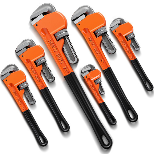 Lanties 6 Piece Heavy Duty Pipe Wrench Set - 8", 10", 12", 14", 18", 24", Adjustable Chrome Vanadium Steel Plumbing Wrench Set with Soft Handle & Gloves for Plumbers, Pipeline, Auto Repair(Orange)